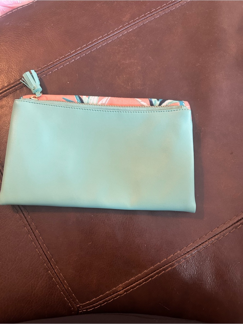 Rachel Pally Turquoise Zip Cosmetic Pouch with Coral Trim